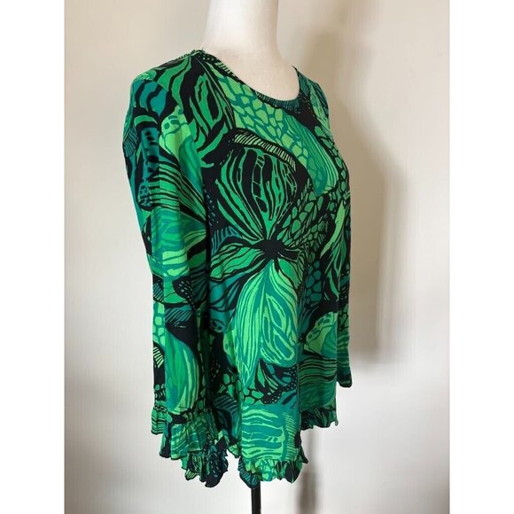 CLARITY Top Blouse Size Small 3/4 Sleeves Tropical Green Floral Ruffle Trim - Picture 4 of 8